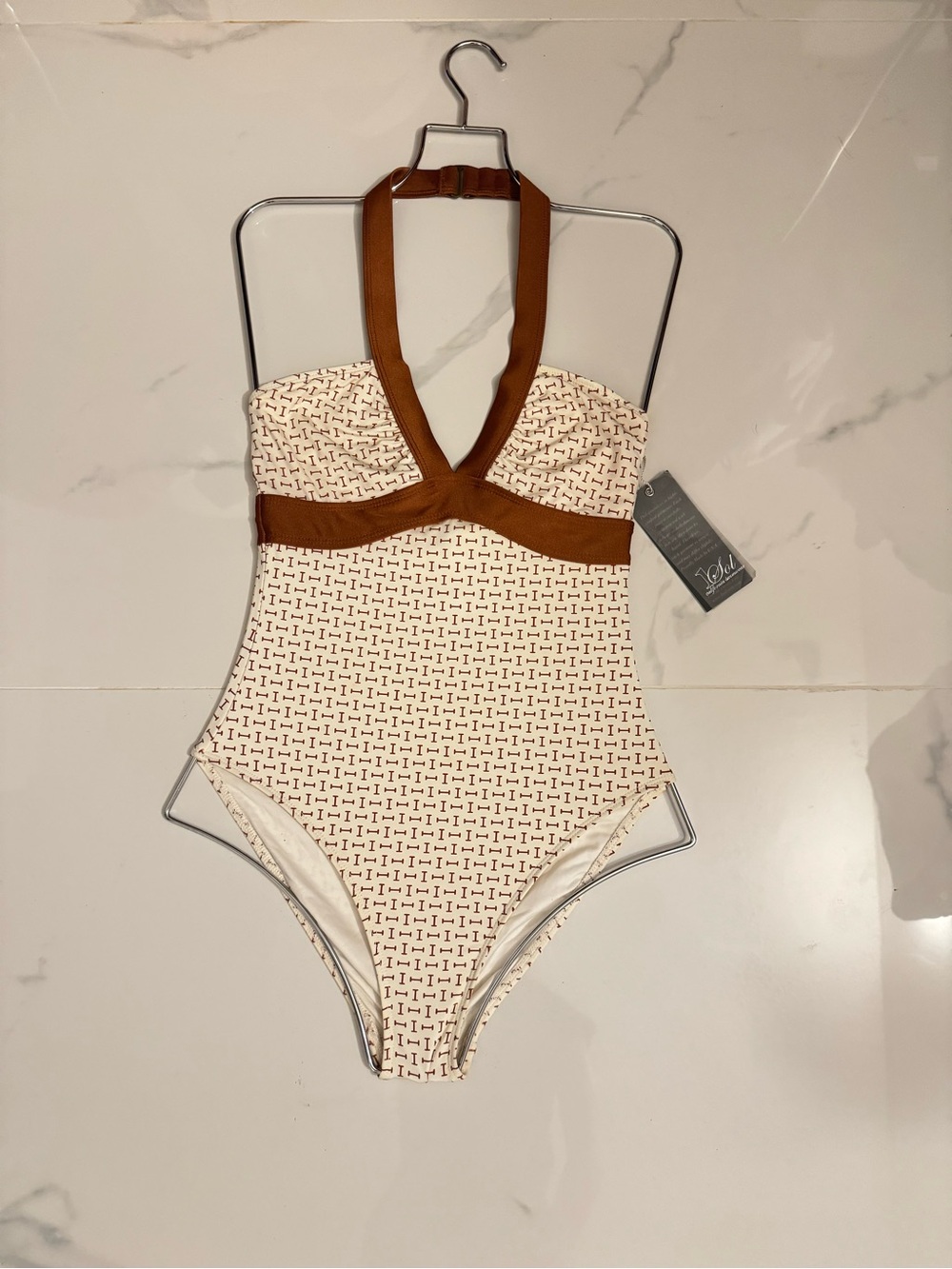 SWIM 1SOL BRAND Cream and Brown Halter One-Piece Swimsuit